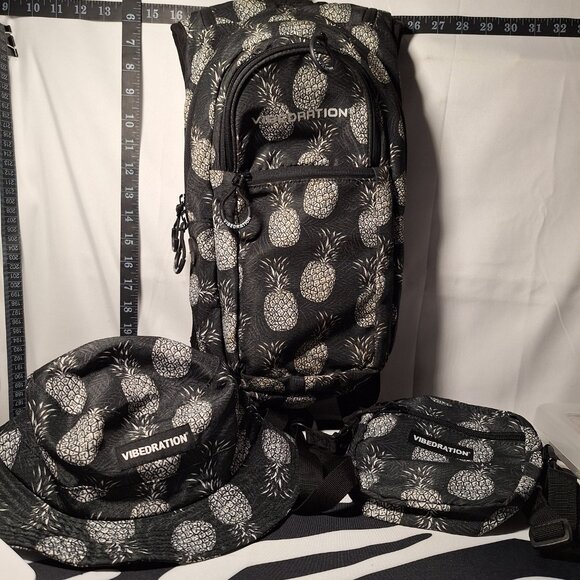 *SALE*Vibedration Hydration Backpack w/o bladder w/ Hat & Bag, blk wht pineapple main image 16